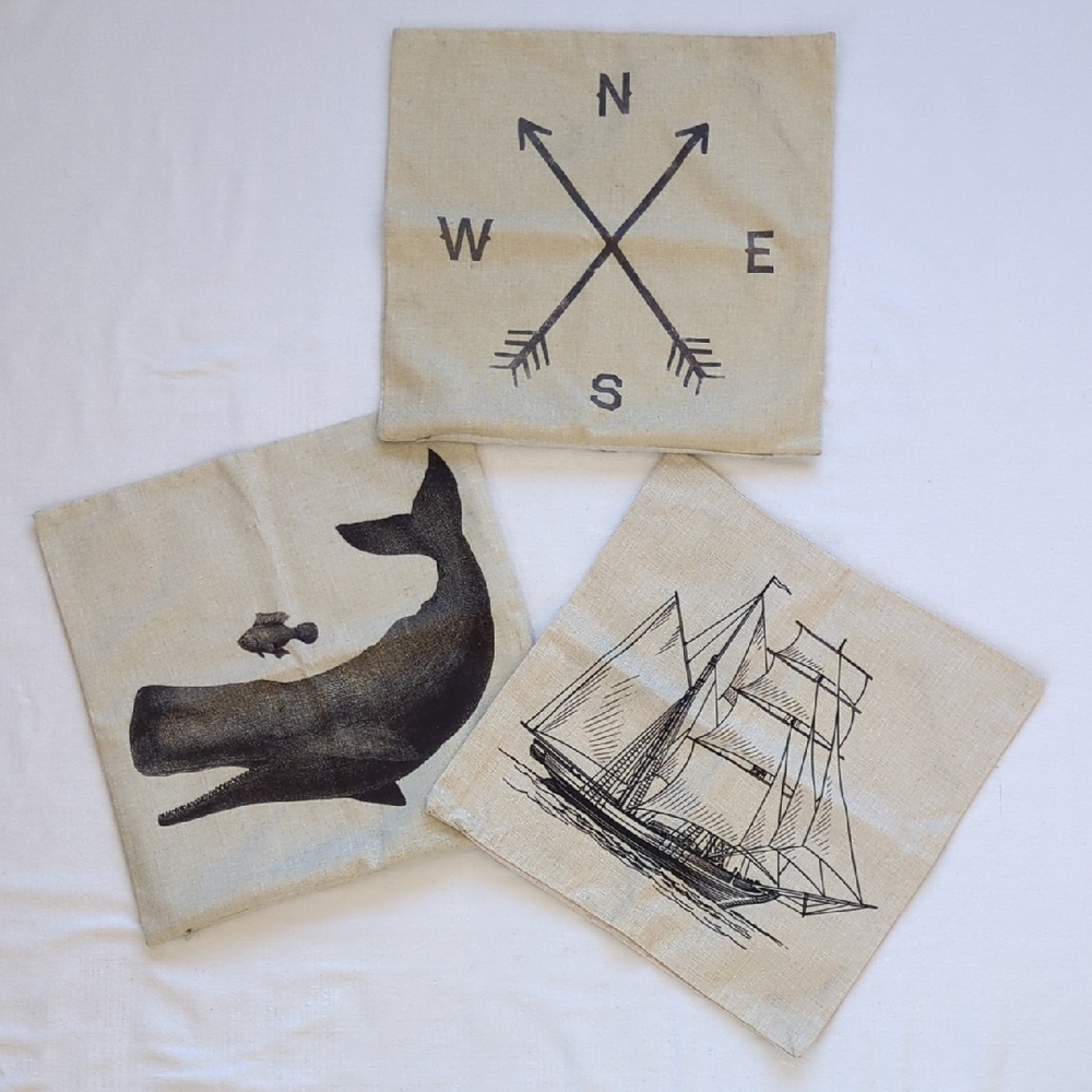 Set Of 3 Nautical Themed Accent Pillows! Whale Ship And Directionals